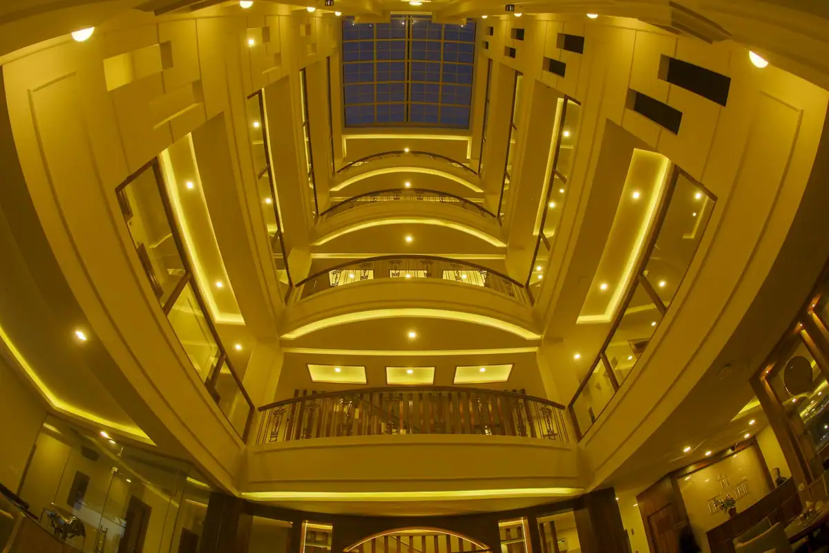 Looking up through the neoclassical atrium to the skylight