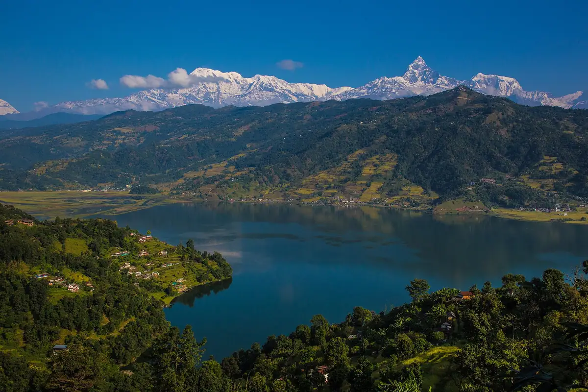 Phewa Lake with the snow-capped Annapurna range above Pokhara